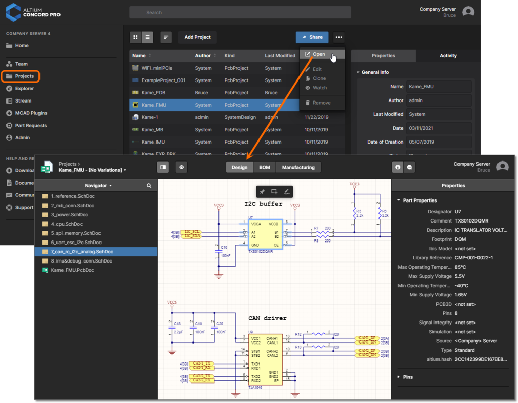 Accessing the CAD-centric Projects Management page for a project from the Projects page of Concord Pro's browser interface. Web Review functionality is presented through the page's Design view.