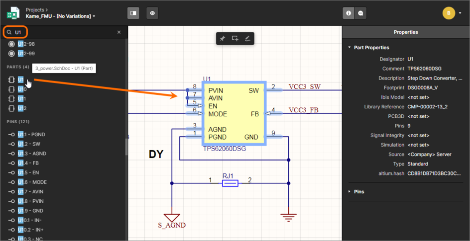 The Search pane facilitates powerful searching of your design project to find any object contained on a source schematic or the PCB.