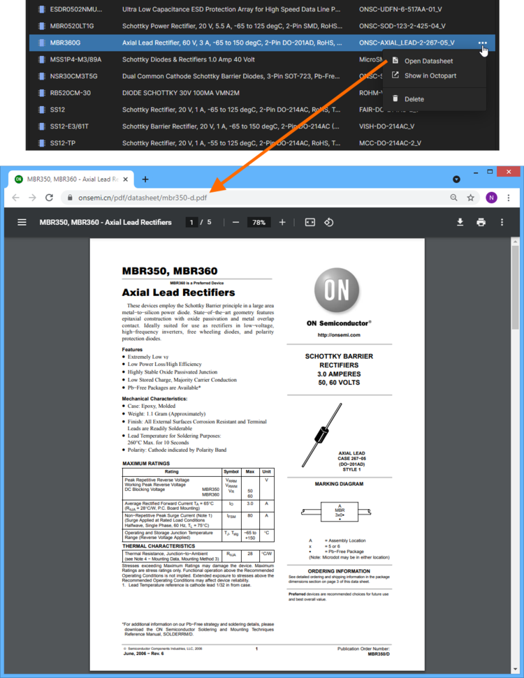 Access the manufacturer datasheet for the selected component, which opens on a separate browser tab.
