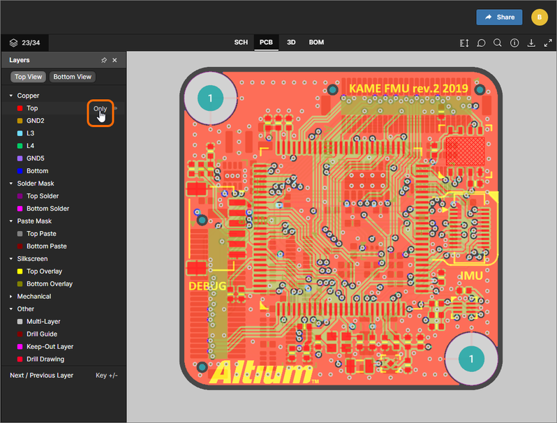 The PCB data view supports single layer mode. Here, access to the Only control is shown.