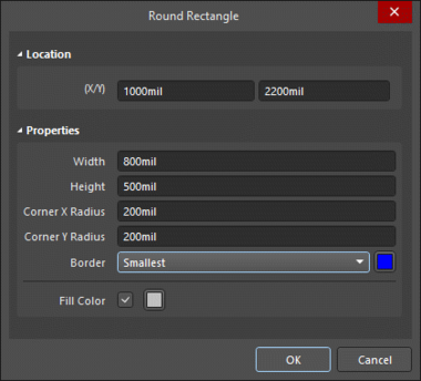 The Round Rectangle dialog, on the left, and the Round Rectangle mode of the Properties panel on the right