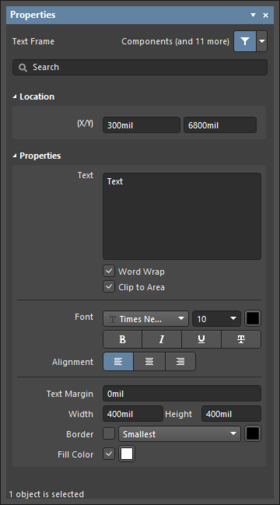 The Text Frame dialog, on the left, and the Text Frame mode of the Properties panel on the right
