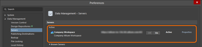 При подключении к Workspace он станет активным сервером (Active Server), как показано здесь.