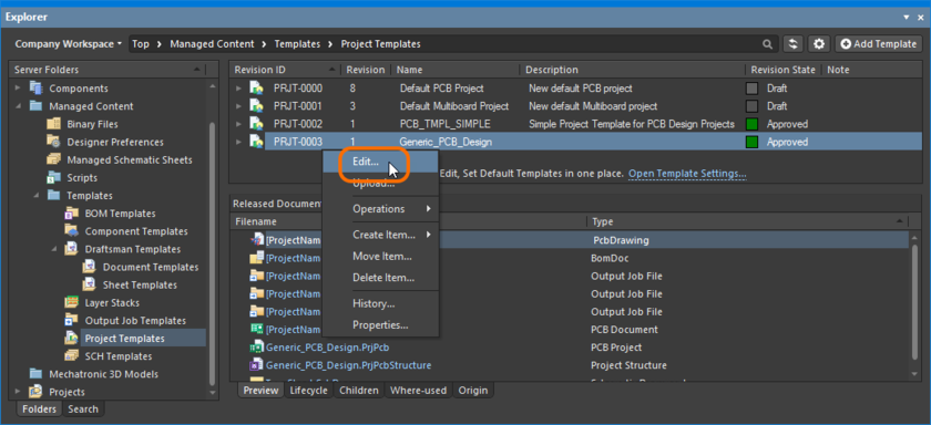 Accessing the command to launch direct editing of an existing project template revision.