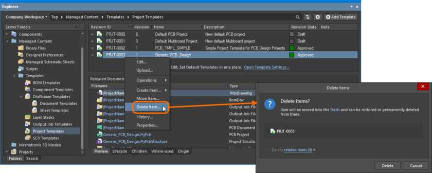 Soft deletion of a project template from within the Explorer panel. The template will be moved to the Workspace's Trash area.