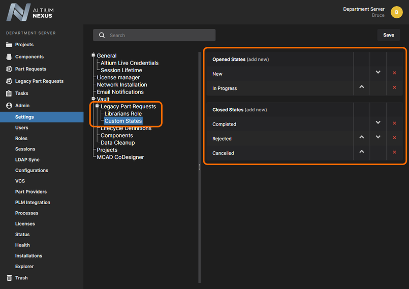 The Custom States page of the Admin – Settings area provides the interface for customizing the states used in the Legacy Part Request feature.