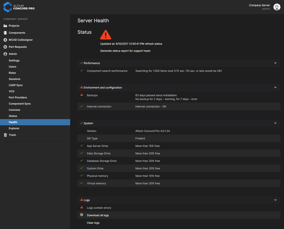The Server Health page provides an instant view of the server's status and that of its support infrastructure.