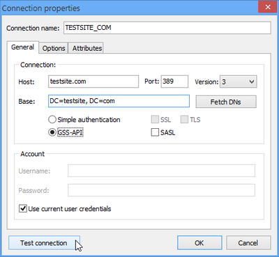 An example configured connection, when using standard LDAP. If using LDAPS (LDAP over SSL),

change the Port to 636, and enable the SSL option.