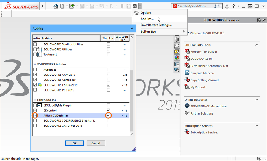 In SOLIDWORKS, enable the Altium CoDesigner Add-In to access the CoDesigner panel