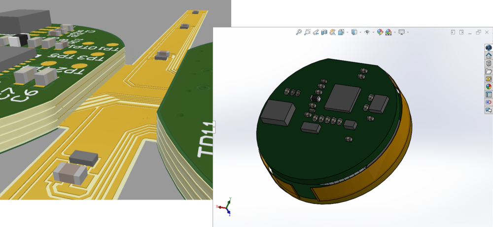 A board with two rigid regions connected by a flexible region in the ECAD PCB editor, and in MCAD.