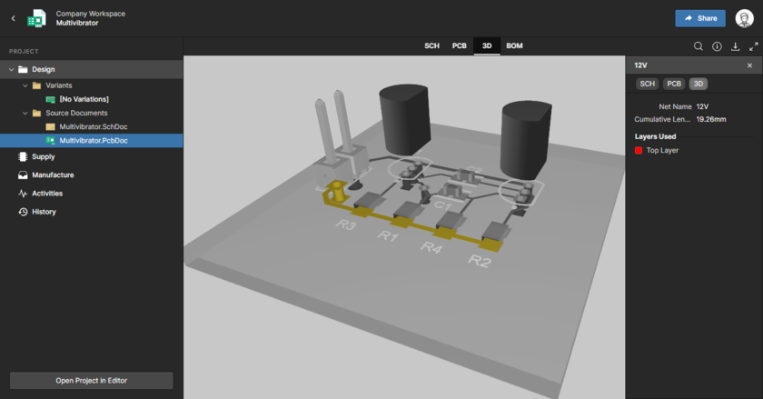 Web Viewer interface, Design view, board in 3D