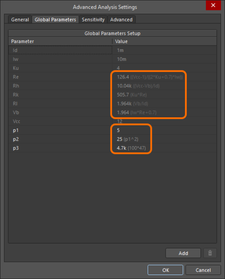 The Global Parameters tab of the Advanced Analysis Settings dialog now shows both calculated values and the formulas of global parameters.