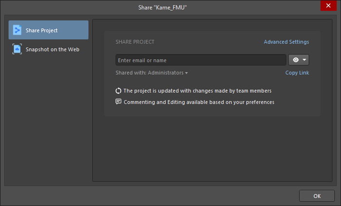 The Share Project tab of the Share dialog when connected to a Workspace