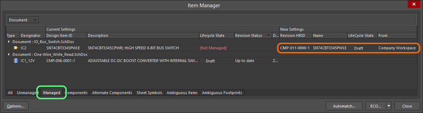 Details regarding the chosen Workspace Item appear in the New Settings region of the grid, listed under the Managed tab.