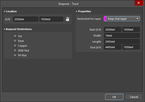 The Keepout - Track dialog on the left, and the Keepout - Track mode of the Properties panel, on the right. 