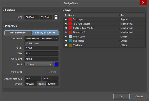 The Design View dialog (the first image) and the Design View mode of the Properties panel (the second image)