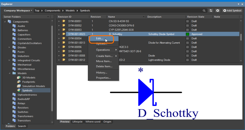 Accessing the command to launch direct editing of an existing symbol revision from within the Explorer panel.