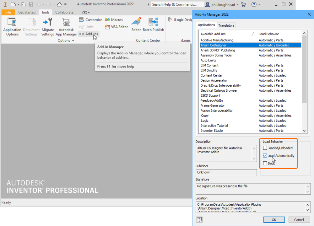 In Autodesk Inventor, enable the Altium CoDesigner Add-In to access the CoDesigner panel