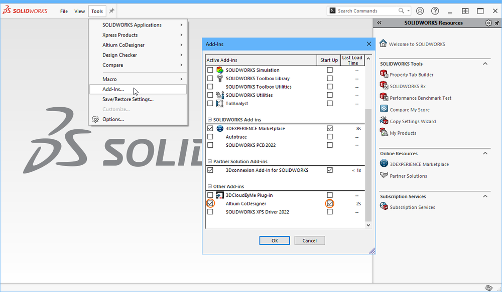 In SOLIDWORKS, enable the Altium CoDesigner Add-In to access the CoDesigner panel