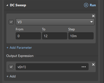 Setting parameters and output expressions in the DC Sweep mode.