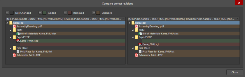 The Compare project revisions dialog