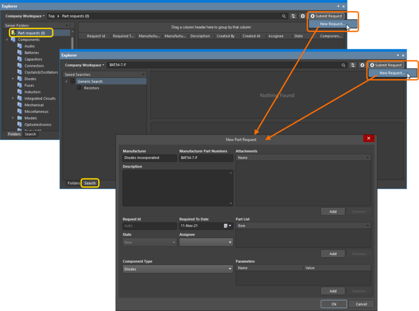 Adding a new part request directly from within Altium Designer, through the Explorer panel.
