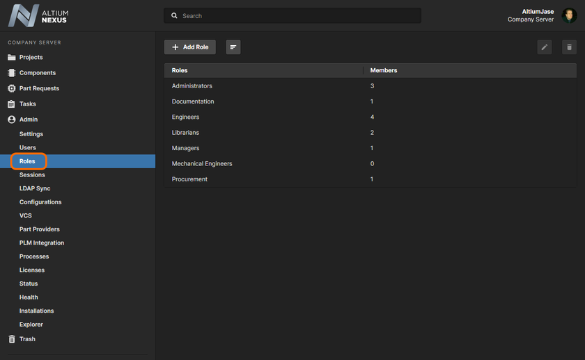 Access and manage the roles of your NEXUS Server from the Roles page of the interface.