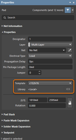 The auto-generated Pad or Via template name shown in the Properties panel.