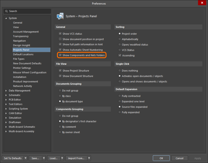 The Show Components and Nets folders option on the System – Projects Panel page of the Preferences dialog.