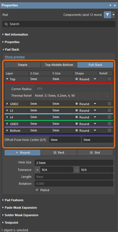 Обновленный раздел Pad Stack окна свойств контактной площадки при редактировании стека в режимах Top-Middle-Bottom (первое изображение) или Full Stack (второе изображение) с развернутыми свойствами слоя Top.