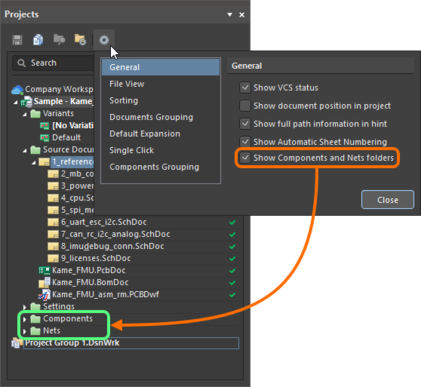 The Show Components and Nets folders option in the Projects panel setting pop-up.