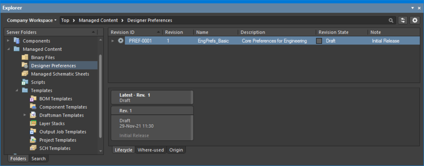 Browsing the released revision of the targeted designer preferences, back in the Explorer panel.