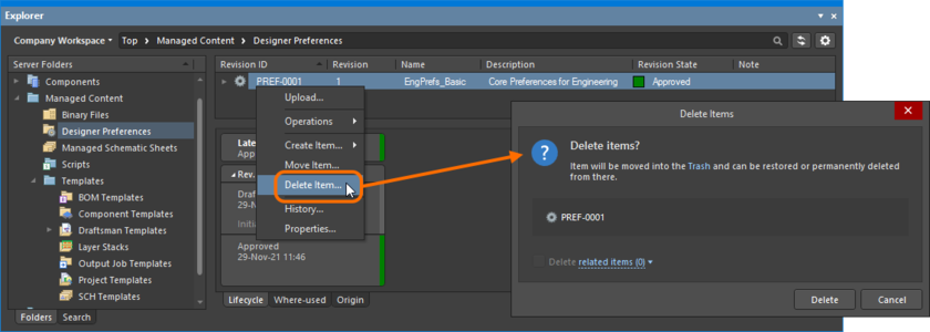 Soft deletion of a Designer Preferences Item. The Item will be moved to the Workspace's Trash area.