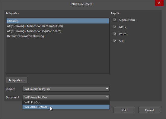 New Document dialog, selecting a PCB that contains an embedded board array