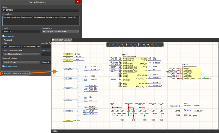 Example of editing the initial revision of a managed schematic sheet, directly from the Workspace – the temporary Schematic Editor provides the document with which to define your schematic sheet.