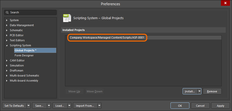 A script installed from a Workspace is listed by its Workspace path and Item ID.