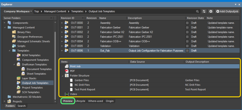 Browse the saved revision of the outputjob, back in the Explorer panel. Switch to the Preview aspect view to see the outputs contained within the configuration.