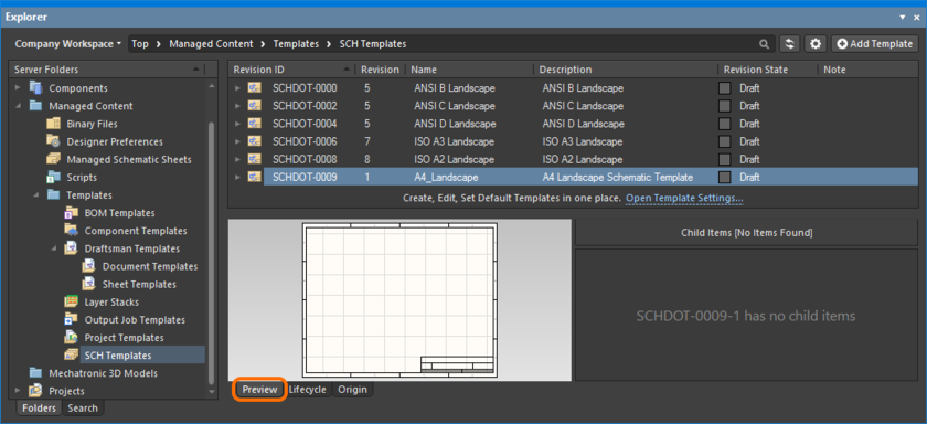 Browse the saved revision of the schematic template, back in the Explorer panel. Switch to the Preview aspect view tab to see the template graphics.