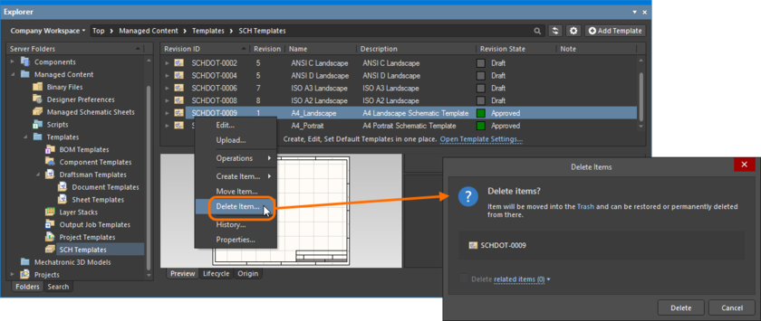Soft deletion of a schematic template from within the Explorer panel. The template will be moved to the Workspace's Trash area.