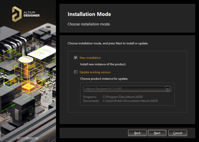 If you already have a previous installation of Altium Designer within the same version stream, you can choose to update that version.

Or install as a separate unique instance.