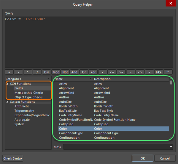 Schematic query functions shown in the Query Helper dialog
