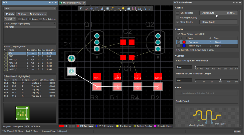 PCB editor showing the ActiveRoute panel, preparing to ActiveRoute