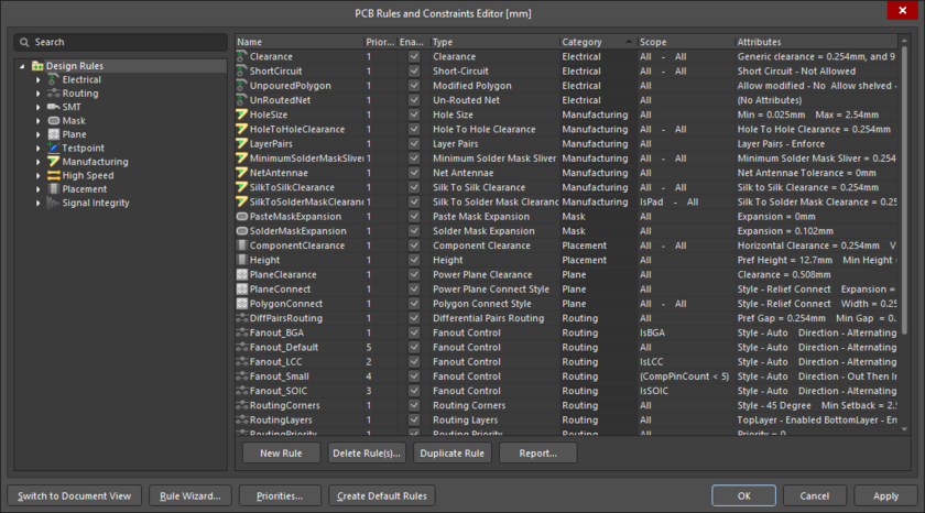 PCB Rules and Contraints Editor (Design Rules dialog)