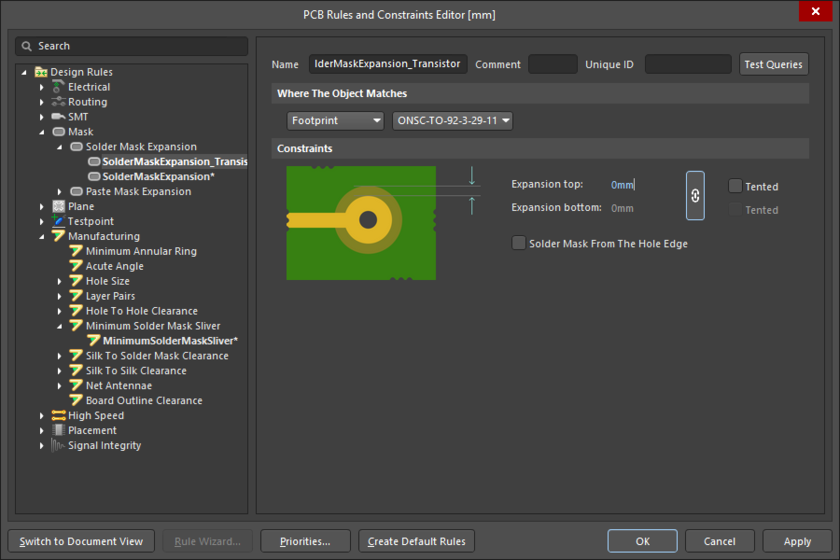 PCB editor, configuring the Solder Mask Expansion design rule