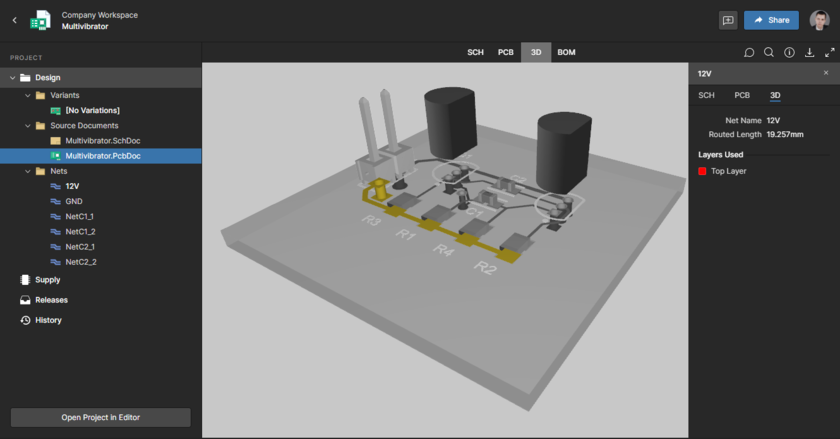 Web Viewer interface, Design view, board in 3D