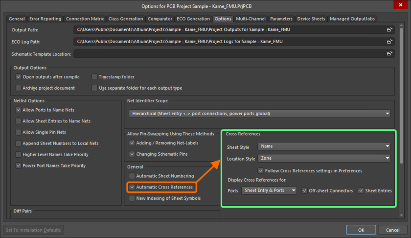 Configure automatic cross references for the active project in the Options tab of the Project Options dialog.