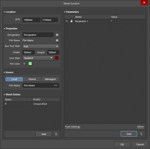 The Sheet Symbol dialog, on the left, and the Sheet Symbol mode of the Properties panel on the right