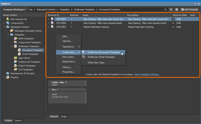 Right-click within the Items grid region of the Explorer panel to access commands relating to content creation.