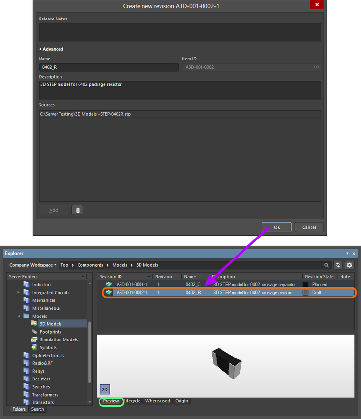 Browse the saved revision of the Item (shown here for a 3D Model Item), back in the Explorer panel. Switch to the Preview aspect view tab to see its graphical depiction (where applicable).