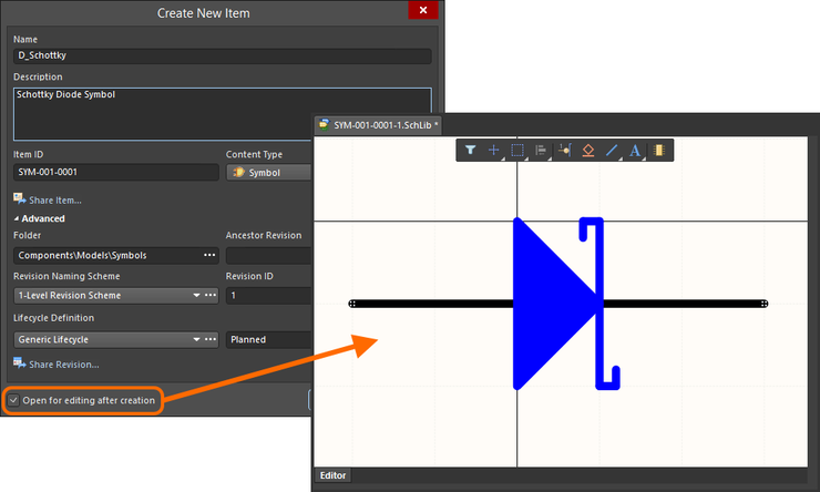 Example of editing the initial revision of a Symbol Item, directly from the Workspace – the temporary Schematic Library Editor provides the document with which to define your schematic symbol.